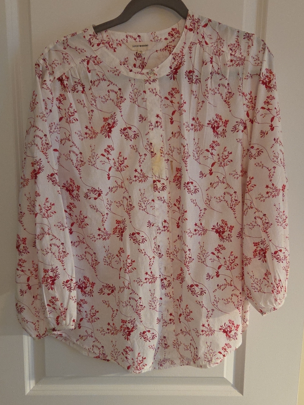 Lucky Brand White Button-Front Blouse with Red Floral Print